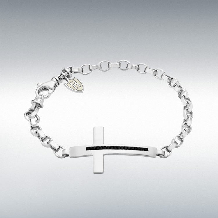 Hoxton London men's sterling silver bracelet with black CZ stone cross, adjustable design, stylish accessory for men.