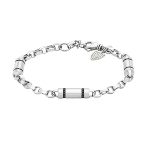 Hoxton London men's sterling silver bracelet with black zirconia stone accents and cylindrical link design.