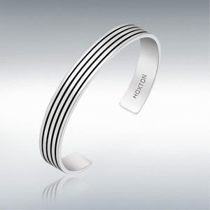 Men's Sterling Silver Striped Cuff Bangle by Hoxton London, featuring sleek silver design with bold stripe detailing.