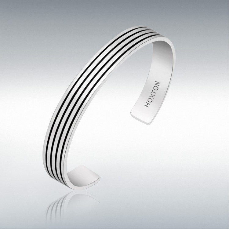 Men's Sterling Silver Striped Cuff Bangle by Hoxton London, featuring sleek silver design with bold stripe detailing.