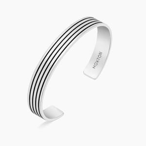 Hoxton London men's sterling silver striped cuff bangle featuring a sleek, modern design with bold horizontal stripes.