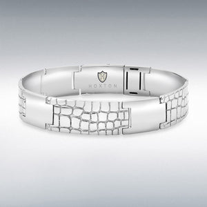 Hoxton London men's sterling silver bracelet with a wild crocodile pattern, 21.5cm long, featuring detailed textured design.