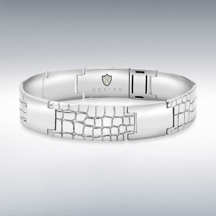 Hoxton London men's sterling silver bracelet with a wild crocodile pattern, 21.5cm long, featuring detailed textured design.
