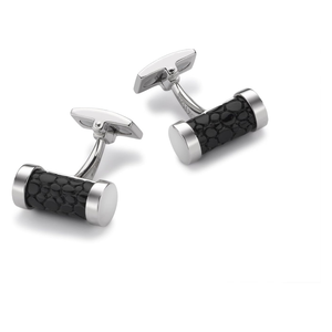 Hoxton London men's sterling silver cufflinks with black leather inlay and cylindrical design, polished and detailed.