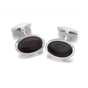 Hoxton London men's sterling silver oval cufflinks with ebony wood inlay, stylish and elegant accessory for formal wear.