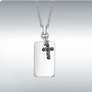 Hoxton London sterling silver cross and dog tag necklace with black sapphires, featuring detailed silver craftsmanship.