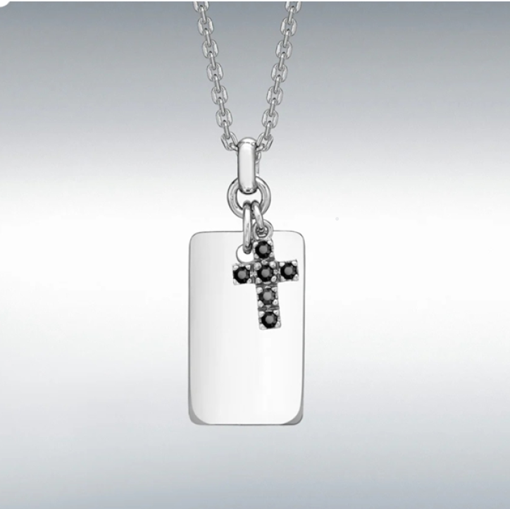 Hoxton London sterling silver cross and dog tag necklace with black sapphires, featuring detailed silver craftsmanship.