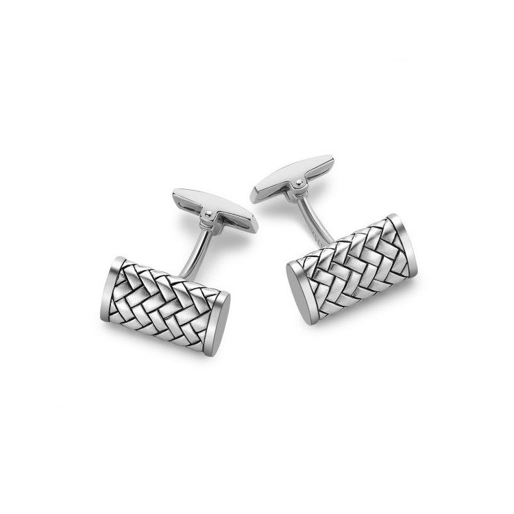 Sterling silver Hoxton London cufflinks with a herringbone patterned rectangular design, showcasing a sleek and polished finish.