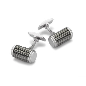 Hoxton London sterling silver tubular cufflinks with pyramid marcasites, featuring a sleek design and detailed pyramid accents.