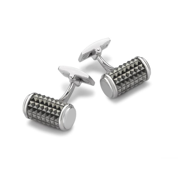 Hoxton London sterling silver tubular cufflinks with pyramid marcasites, featuring a sleek design and detailed pyramid accents.
