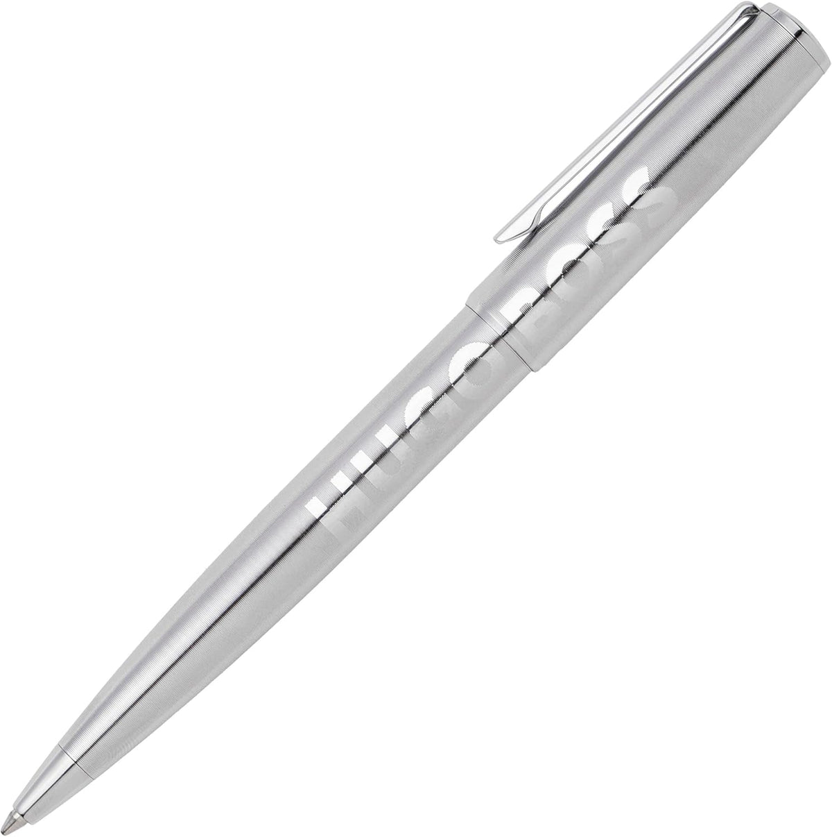 Hugo Boss chrome ballpoint pen with "HUGO BOSS" label, sleek and stylish writing instrument with metallic finish.