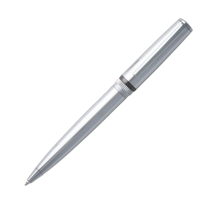 Hugo Boss Gear ballpoint pen with sleek metal chrome finish, stylish writing instrument from the HUGO BOSS pen collection.