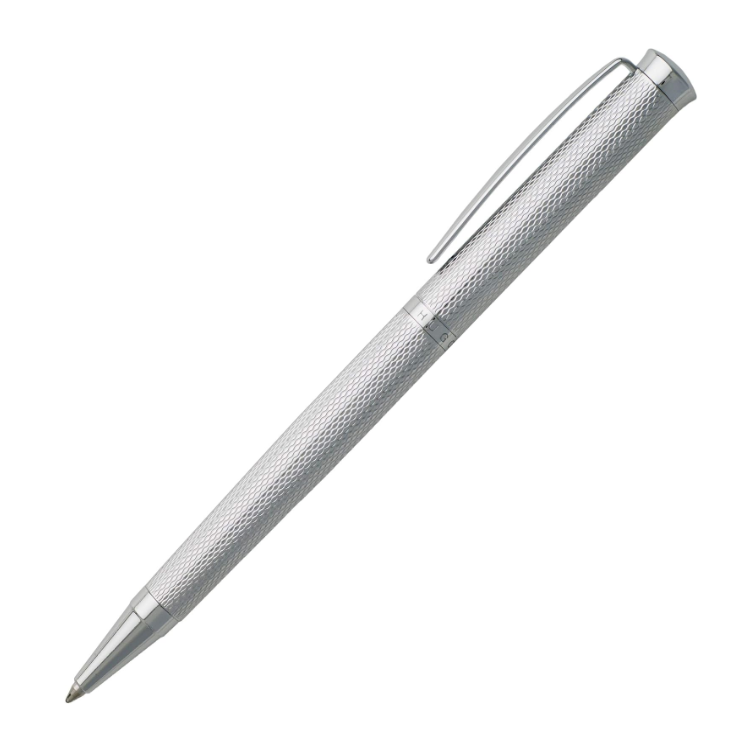 Hugo Boss chrome ballpoint pen with sophisticated diamond design, featuring a sleek and elegant pen body.
