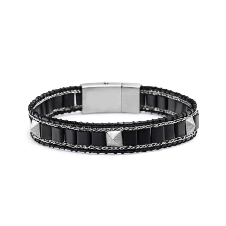 T.M.J Kairos black onyx beaded bracelet with silver accents and lock, featuring sleek black onyx beads and silver details.