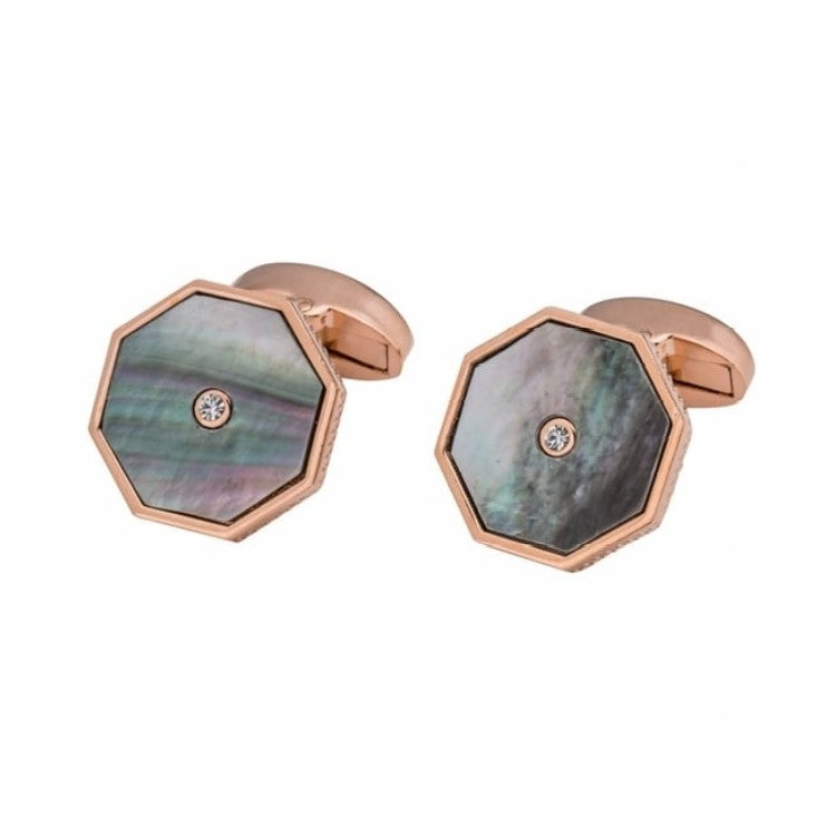 T.M.J gold and rose gold octagonal cufflinks for men with mother of pearl and central crystal
