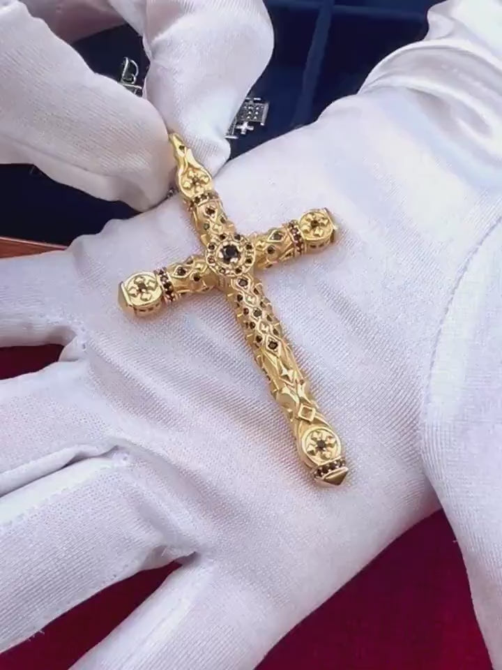 Silver Gold Plated Cross with Black Onyx and Engraving Double Sided Pendant