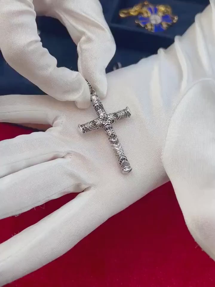 Silver Cross with Black C.Z and Engraving Double Sided Pendant