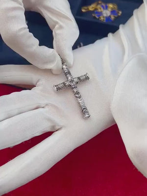 Silver Cross with Black C.Z and Engraving Double Sided Pendant