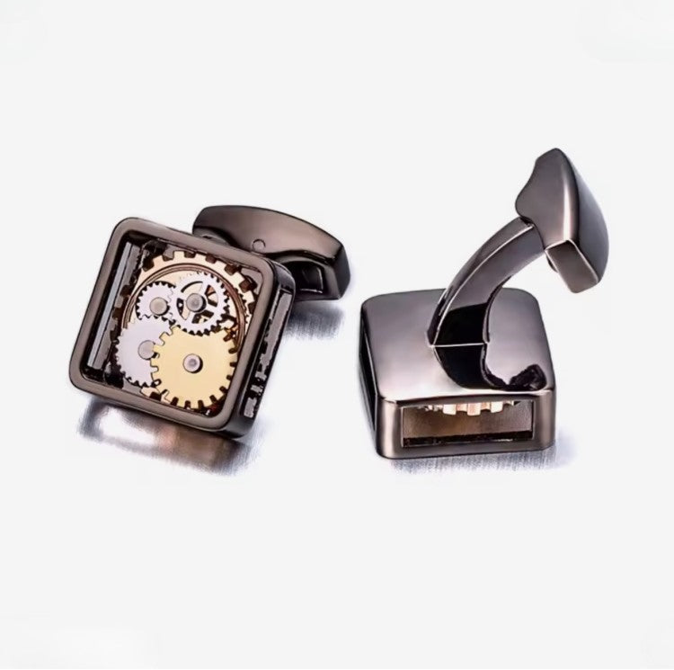 T.M.J mechanical cufflinks featuring steampunk gear cufflinks design with intricate metal gears