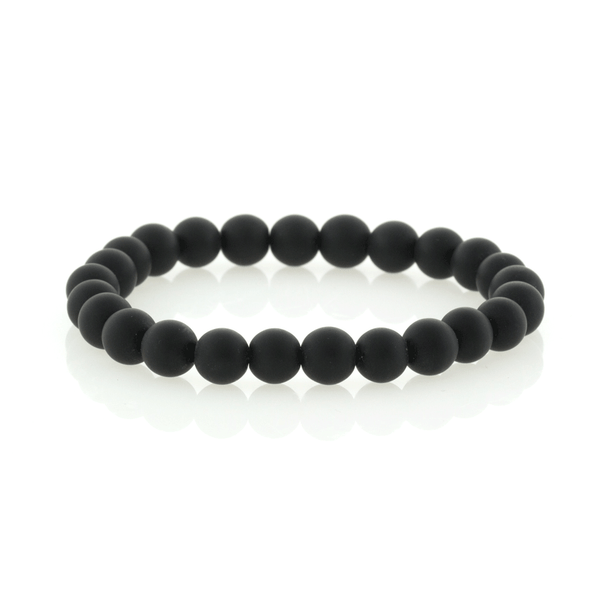 Black matte onyx and stainless steel bead bracelet with 4mm beads, stylish T.M.J bead bracelet on a white background.