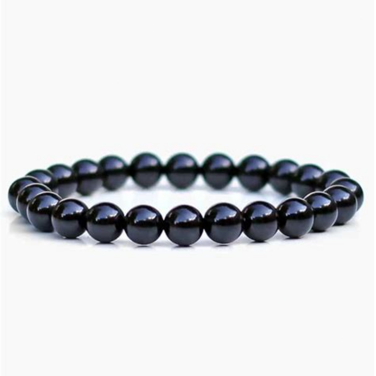 Polished black onyx bead bracelet by T.M.J, 17cm, 4mm diameter, featuring smooth black onyx beads on a beaded bracelet.
