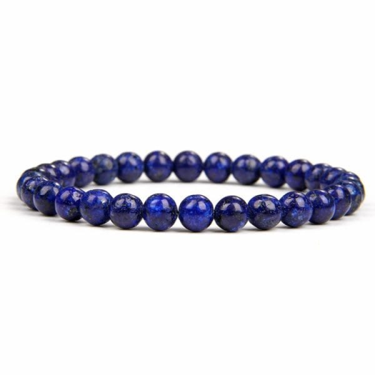 Blue Lapis Lazuli and black pave cubic zirconia bead bracelet by T.M.J, featuring 6mm beads on a 17cm stretch bracelet.
