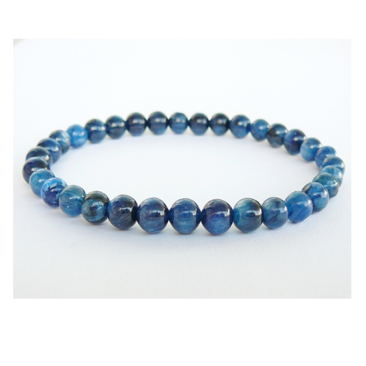 Dark blue Brazilian Kyanite crystal bead bracelet by T.M.J, featuring 6, 8, 10, and 12mm beads on a 17cm strand.