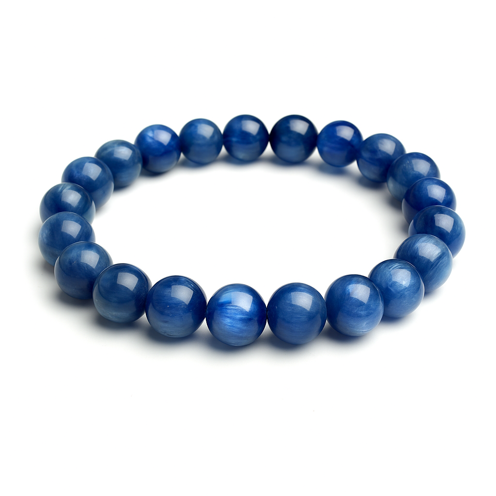 Dark blue Brazilian Kyanite crystal bead bracelet by T.M.J with round beads in sizes 6mm, 8mm, 10mm, and 12mm.