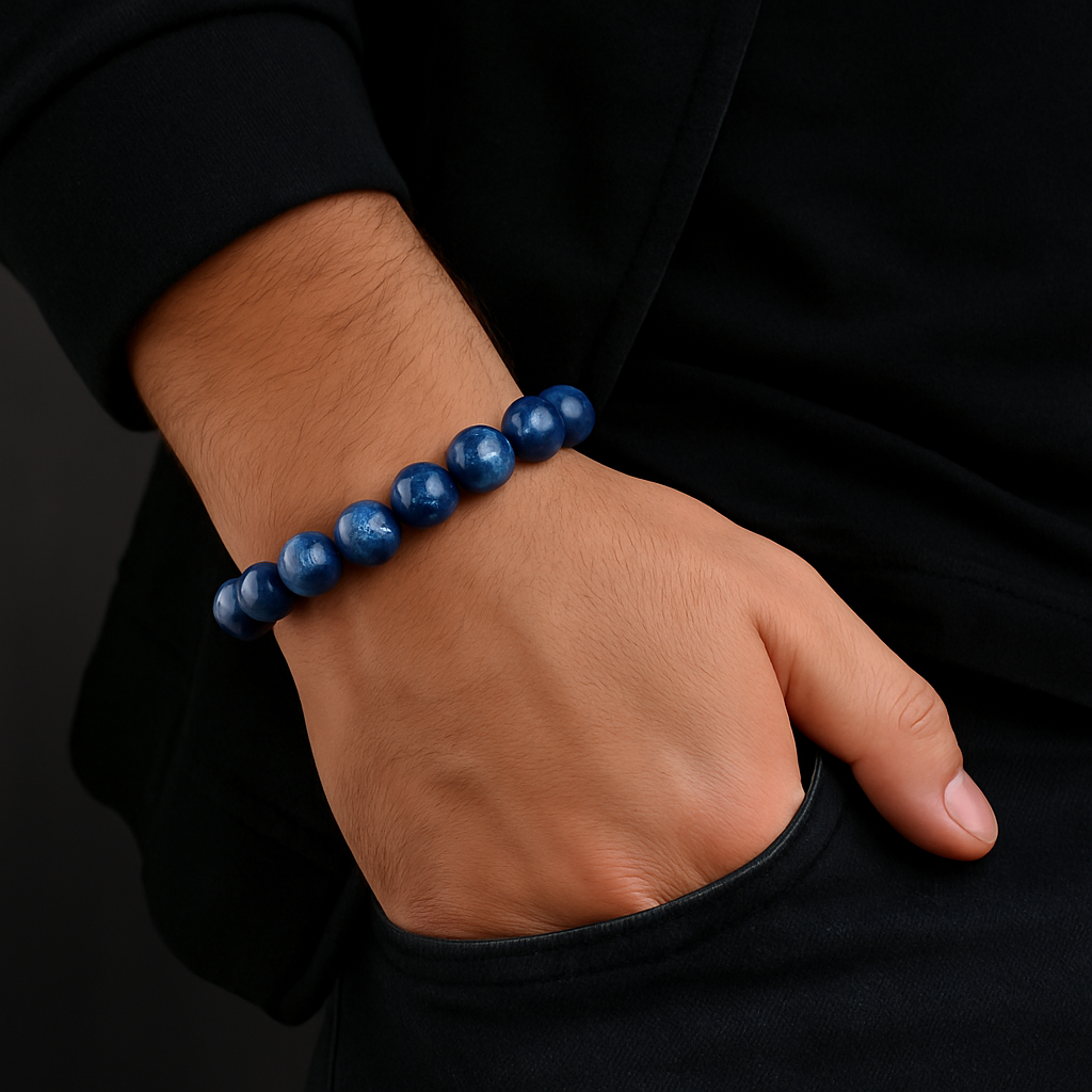 Dark blue Brazilian Kyanite crystal bead bracelet by T.M.J, featuring 6mm, 8mm, 10mm, and 12mm beads on a stretchy band.