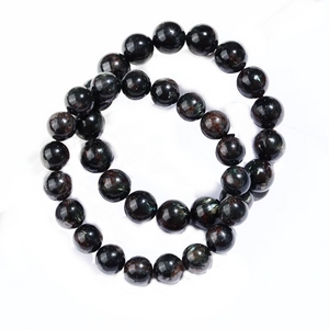 Astrophyllite and hornblende beaded bracelet with silver logo bead, 17cm, 8mm beads, by T.M.J.
