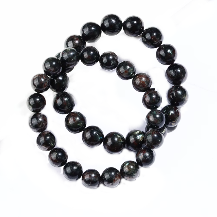 Astrophyllite and hornblende beaded bracelet with silver logo bead, 17cm, 8mm beads, by T.M.J.