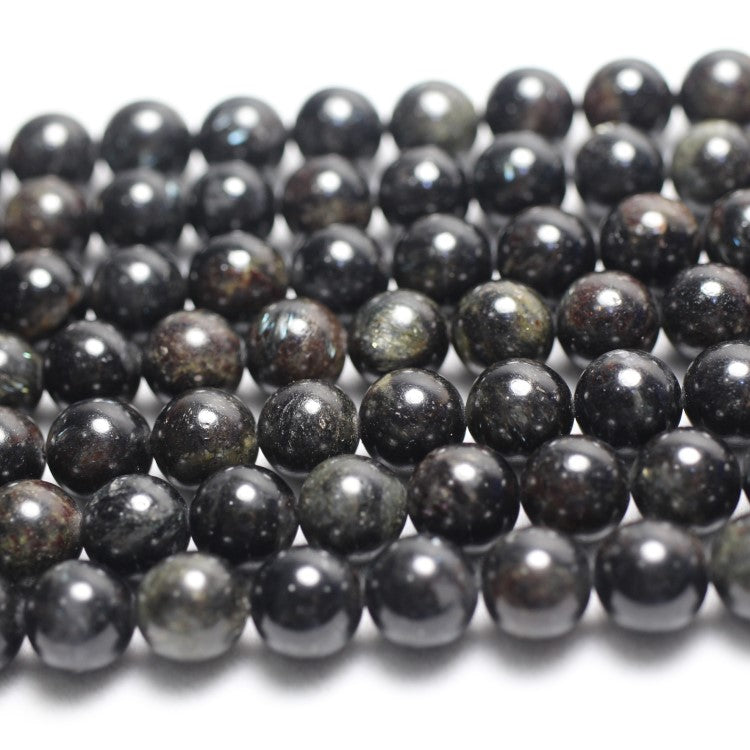 Astrophyllite and Hornblende beaded bracelet with silver logo bead, 17cm length, 8mm beads, by T.M.J.