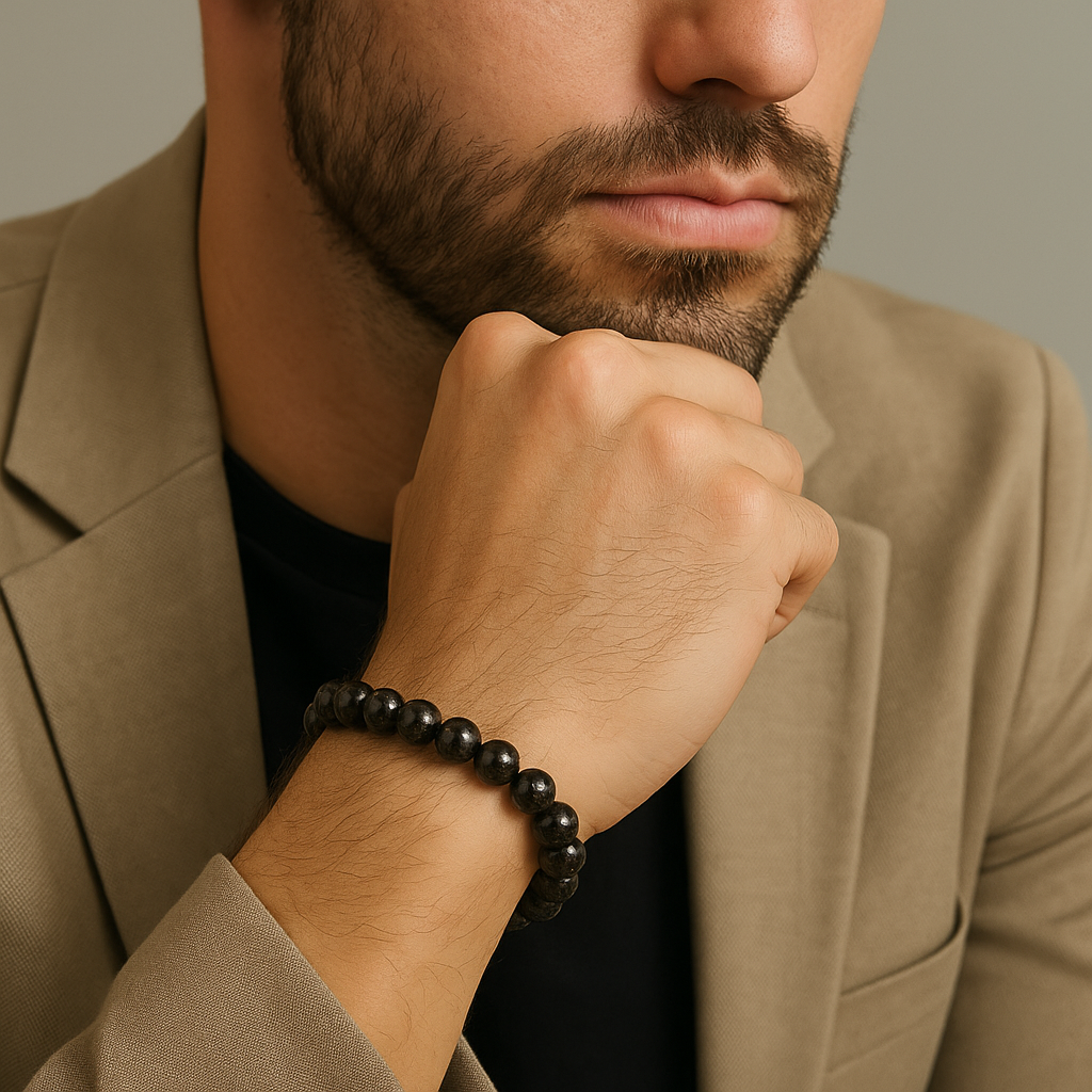 Astrophyllite and hornblende beaded bracelet with silver logo bead, 17cm, 8mm beads, by T.M.J.