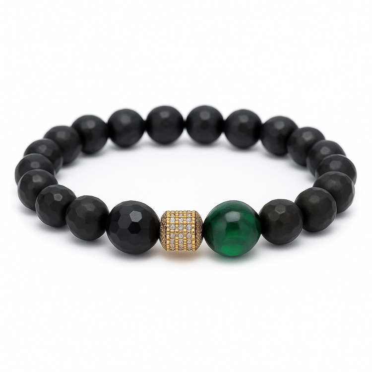 Beaded bracelet with black faceted agate and green tiger eye stones, featuring round beads on a stretch cord.