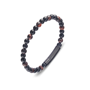 Black onyx and tiger eye bead bangle with stainless steel clasp, T.M.J, 19cm bead bracelet, stylish jewelry accessory.