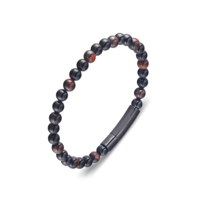Black onyx and tiger eye bead bangle with stainless steel clasp, T.M.J, 19cm bead bracelet, stylish jewelry accessory.