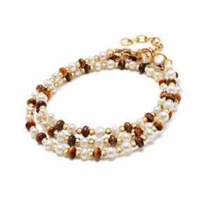 T.M.J Melbourne Collection men's bead bracelet with white pearls, tiger eye, and gold beads, wrap style on a neutral background.