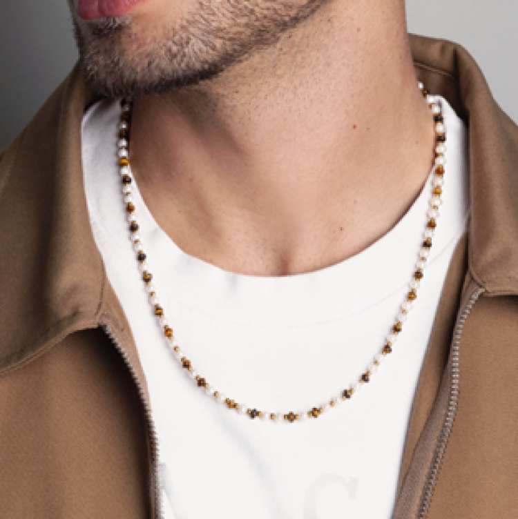 Melbourne Collection men's wrap bracelet featuring white pearls, tiger eye, and gold beads, designed by T.M.J.