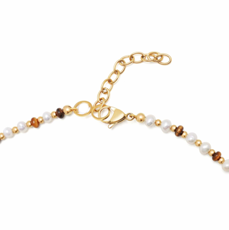 T.M.J Melbourne Collection men's wrap bead bracelet with white pearls, tiger eye, and gold beads on black cord.
