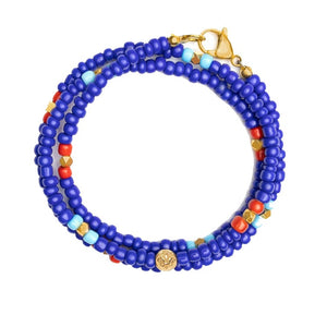 T.M.J Santorini Collection beaded bracelet featuring dark blue, red vintage glass beads with turquoise accents, 4mm size.