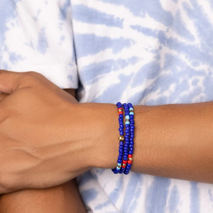T.M.J Santorini Collection bead bracelet with dark blue, red vintage glass beads and turquoise accents, 4mm size.