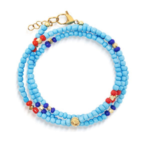 T.M.J Santorini Collection beaded bracelet with vintage turquoise, red, and blue glass beads, 4mm size, stylish and colorful.