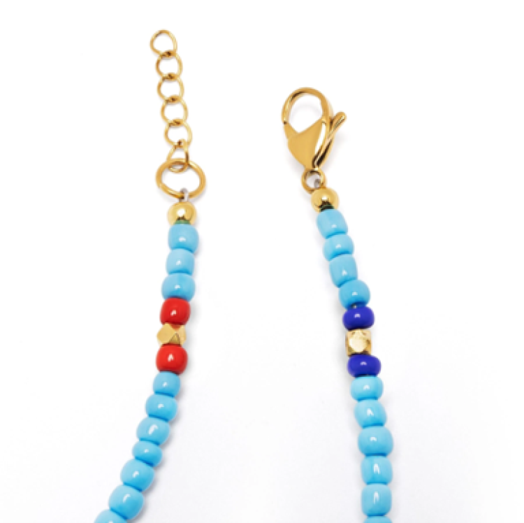 T.M.J Santorini Collection vintage bead bracelets with 4mm turquoise, red, and blue glass beads showcasing colorful craftsmanship.