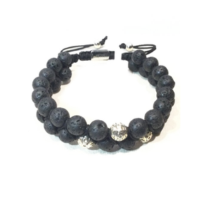 T.M.J bead bracelet featuring macramé design with 6mm and 8mm lava beads in black and natural tones.