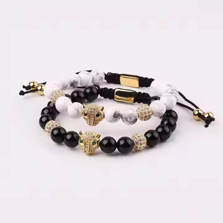 Natural stone and CZ pave leopard macrame bracelet by T.M.J, featuring black agate beads and intricate design.