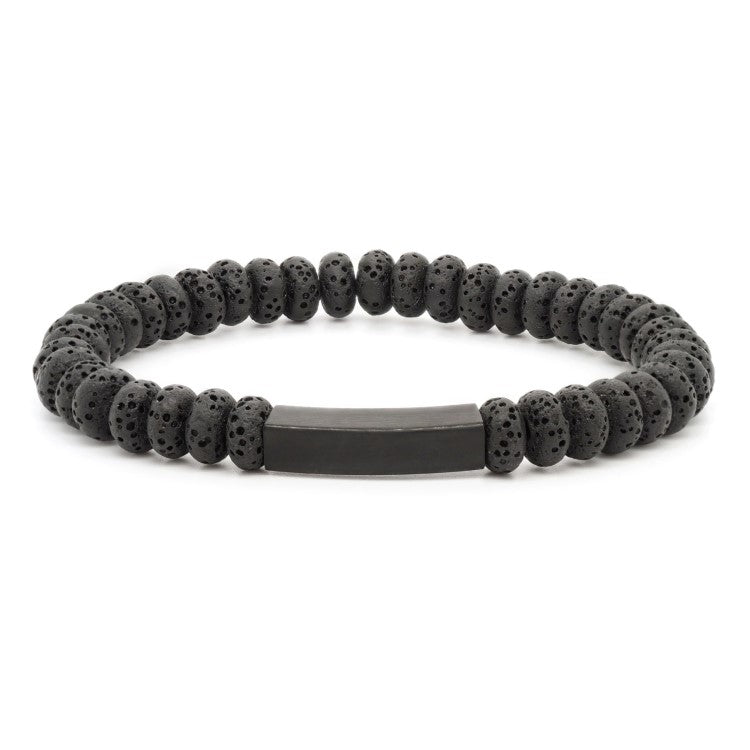 Black Eclipse Lava Bead Bracelet by T.M.J with stainless steel accent, featuring textured lava beads and sleek metal details.