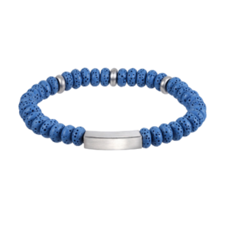Black Eclipse Lava Bead Bracelet by T.M.J with stainless steel accents, featuring textured lava beads and sleek metallic details.