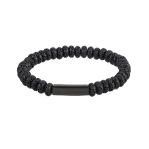 Black Eclipse Lava Bead Bracelet with stainless steel accent by T.M.J, featuring textured lava beads and sleek metal detailing.
