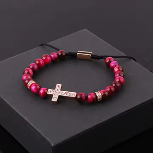 Natural 6mm stone beaded CZ cross charm macrame bracelet by T.M.J, featuring brown stone beads and intricate knot details.
