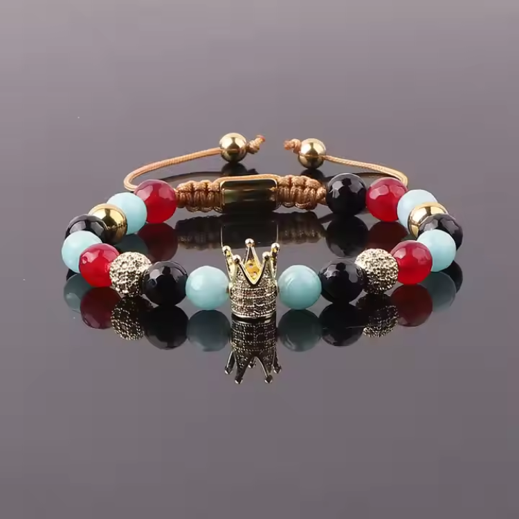 Natural stone and CZ bead macrame adjustable bracelet by T.M.J, featuring crystal ball accents and handcrafted design.